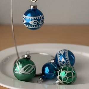 Lot 5‎ Vtg Christmas Ornaments Small Mercury Glass Blue Green Round Mica Glitter